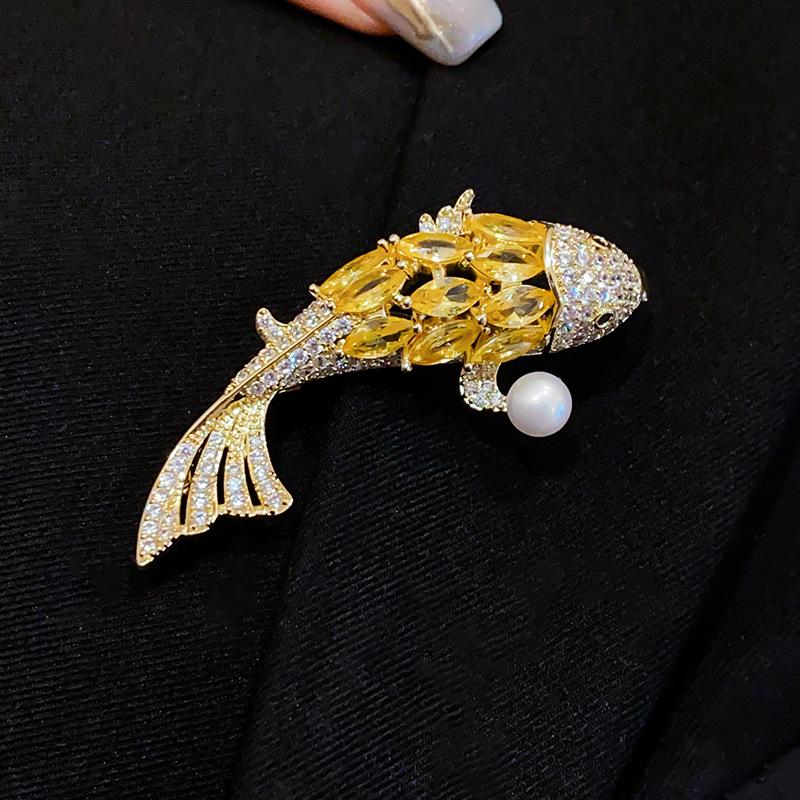 14K Gold Plated Koi Zircon & Pearl Brooch - Elegant, Versatile Pin for Trendy Women