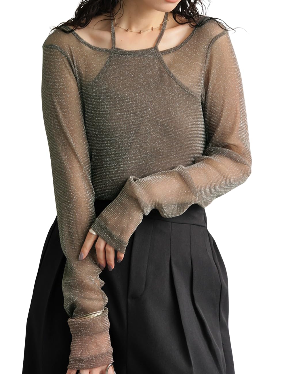 

antiqua Sheer Long One Size Olive Khaki Women s Lamé Top, Sleeve, Tulle, ATR-00002, 02,