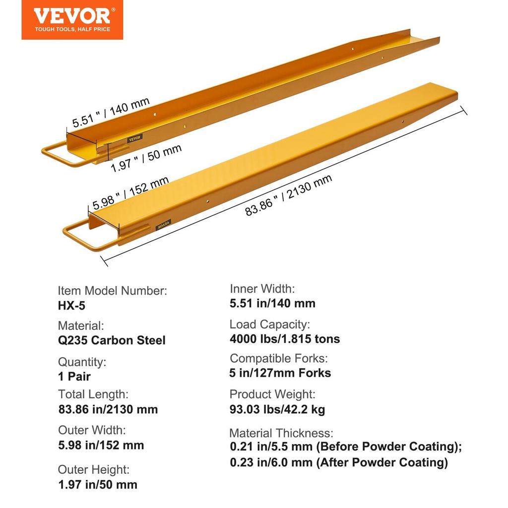 Pallet Fork Extensions, 84" Length 5.5" Width, Heavy Duty Carbon Steel Fork Extensions for Forklifts, 1 Pair Forklift Extensions, Industrial Forklift