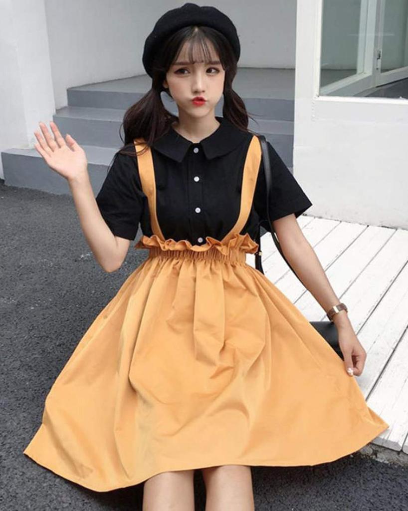 Summer Loose Solid Girly Dress [PIITE] Women's Dress, Cute, Fit, V-Neck, Color, Skirt, Sweet,