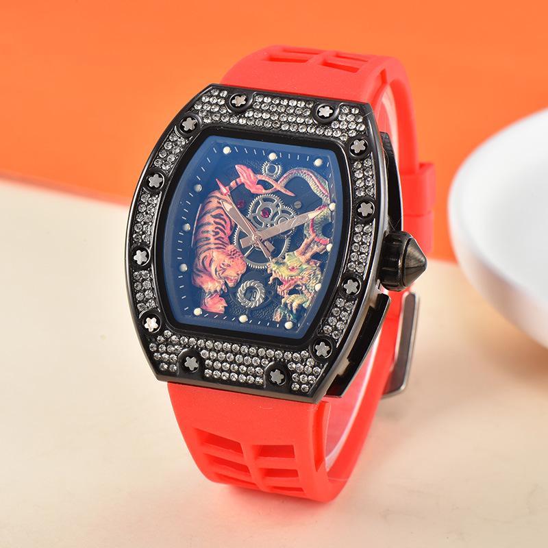 Men's Trendy Barrel-Shaped Full Diamond Quartz Watch with Calendar