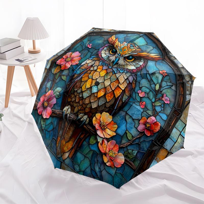 1 PC Automatic Folding Umbrella - Owls and Flowers Pattern, Portable & Foldable Design with 8 Ribs, Christmas Birthday Gifts