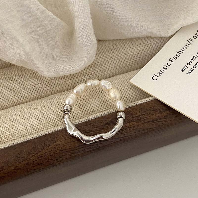 New Fashion Copper Color Pearl Beaded Rings For Women Simple Metal Irregular Geometric Finger Ring Wedding Jewelry Gift
