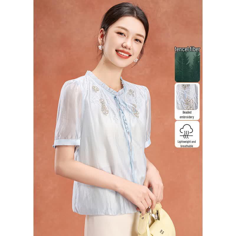 Women s Tencel Embroidered Ruffle Collar Short Sleeve Blouse 3XL