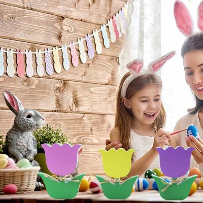 Easter Wooden  Ornament Carved Rabbit Colorful Tulip Flower Diy Craft Handmade Ornaments Kids Gift Happy Easter Party Decor