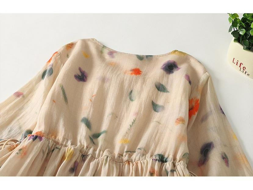 Rochie Midi Imprimată cu Decolteu în V din Bumbac și In - Stil Casual, Larg și Subțietor, Colecția Primăvară/Vară 2025