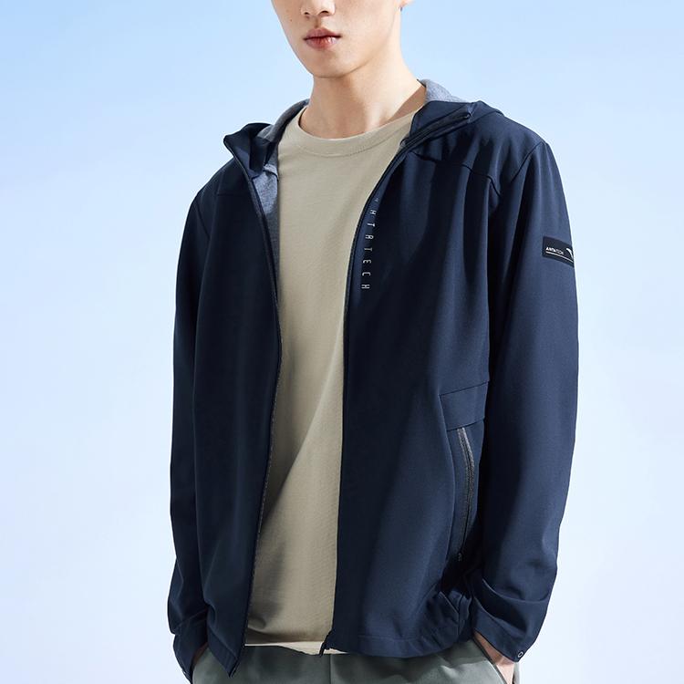 Anta Solid Color Zip Hooded Long Sleeve Jacket Men Jackets Black 152337608-2