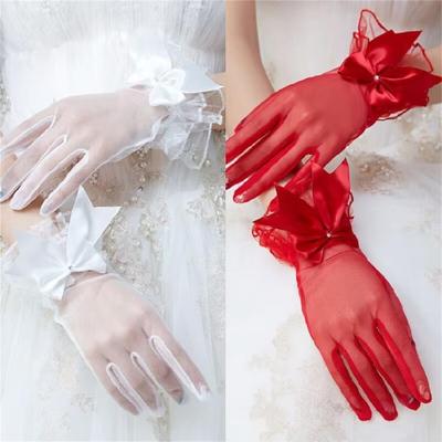 Seethrough Bowknot Trim Gloves for Bride Formal Event Gloves Elegant Wedding Gloves Stage Performances Gloves for Women
