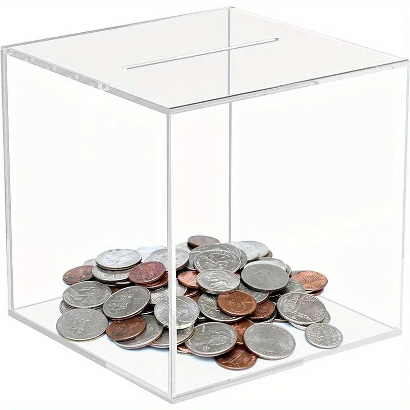 Square Transparent Acrylic Piggy Bank, Clear Hard Plastic Coin Bank, Money Box Cash Collector Container, One-Way Saving