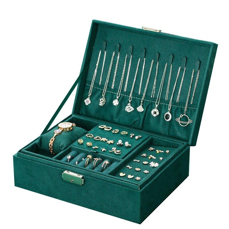 1pcs Double Storage Box Women Luxury Vintage Style Watches Jewelry Organizing Outer Velvet With Pentagonal Latch Large Capacity