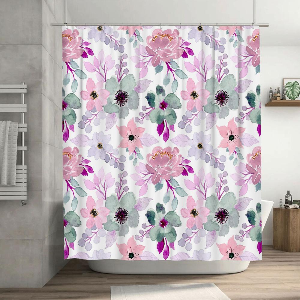 Luxury Flower Print Shower Curtains for Bathrooms Waterproof Home Decor in White, Pink Green Floral Design