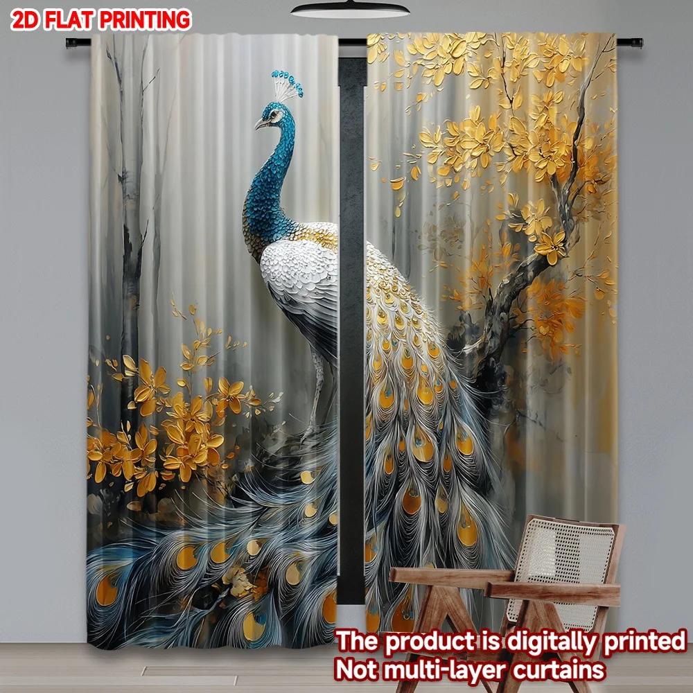 Set Of 2 Peacock Floral Curtains Flat Digital Printing Blue Gold White Feathers Blooming Tree Bedroom Decor Curtain Polyester Ideal For Sleeping Area