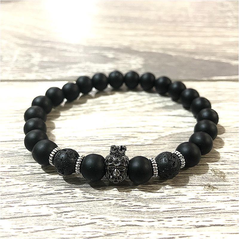 Natural Stone Black Agate & Blue Turquoise Lion Crown Beaded Bracelet