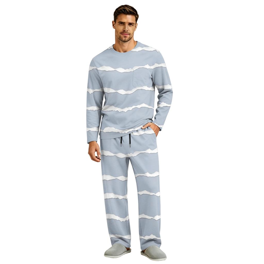Men's Pajama Set Long Sleeve Top and Long Pants with Button Crotch and Elastic Drawstring Waist for Home Loungewear