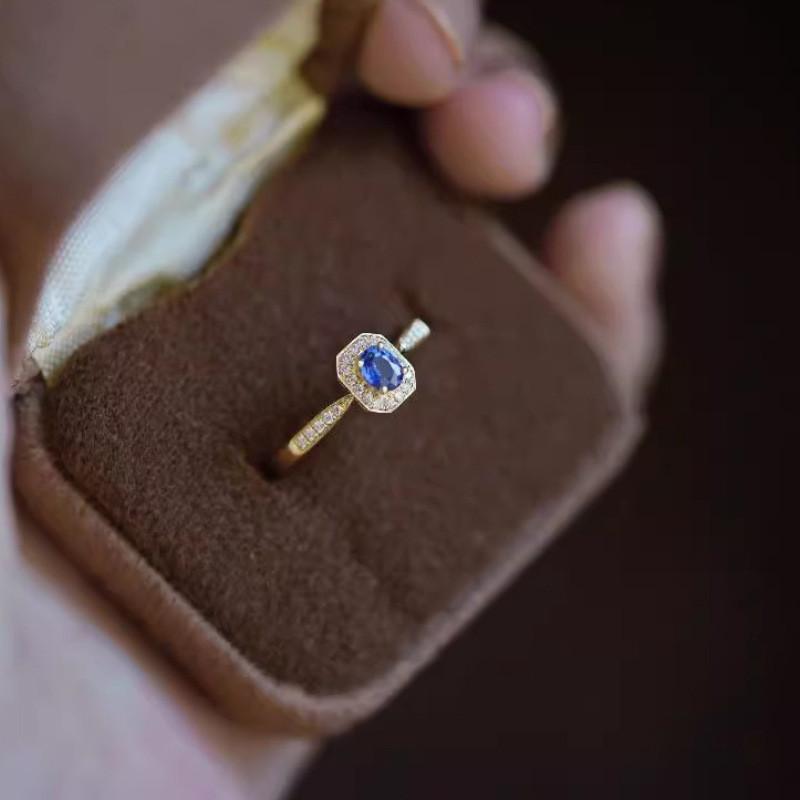 Elegant French Style Blue Zirconia Ring For Women Adjustable Geometric Design