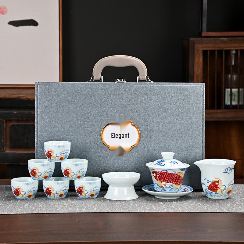 Red Arowana Na Fu Xishi Ceramic Kung Fu Gaiwan Tea Set with Gift Box