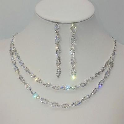 Cute Female White Crystal Wedding Jewelry Set Charm Silver Color Dangle Earrings For Women Trendy Bridal Zircon Chain Necklace