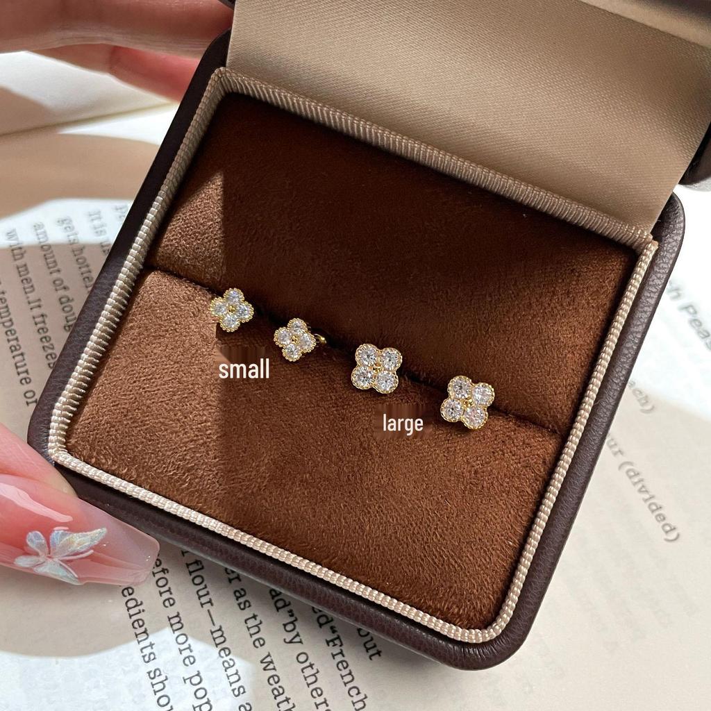 Korean Style Four-Leaf Clover Zircon Stud Earrings in S925 Sterling Silver & 18K Gold