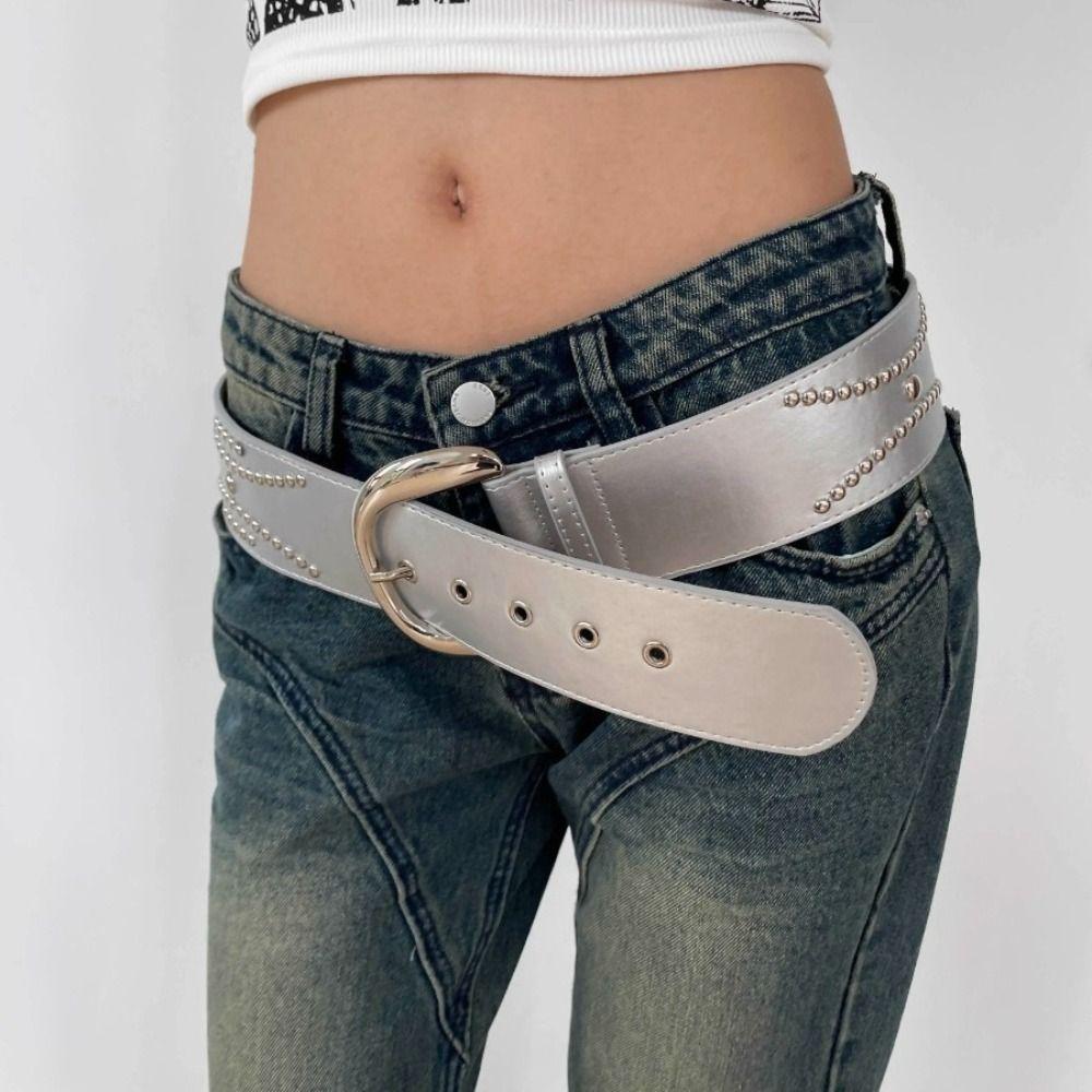 Y2K Wide Belt Silver PU Leather Waistbands Vintage Rivet Waist Belt  Jeans