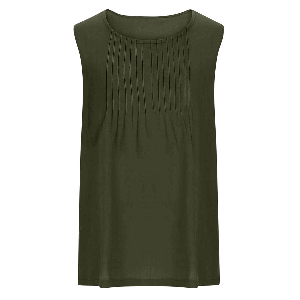 Women's Fashionable And Casual Sleeveless Vest Solid-color Cotton And Linen Pleated Sleeveless Top T-shirt