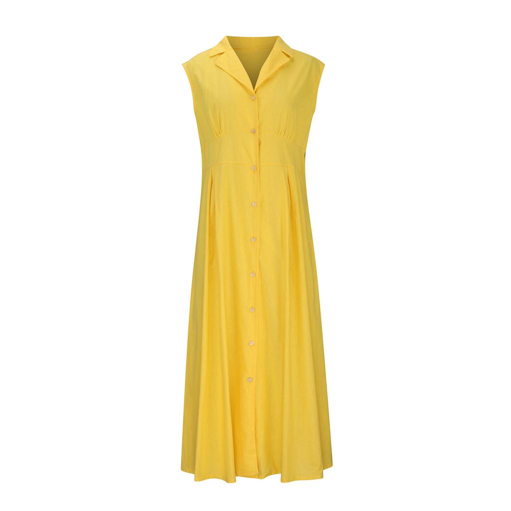 Cotton and linen dress, new suit collar, solid color button cotton and linen dress, dress.