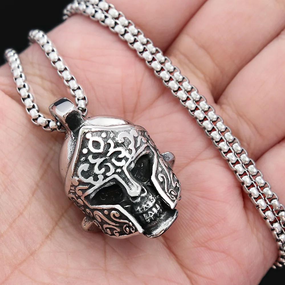 Spartan Helmet Skull Pendant Necklace Stainless Steel Gothic Punk Jewelry Halloween Gift for Men Women Adjustable Biker Chain
