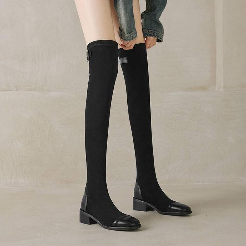 Autumn and Winter Sleeve Suede Over Knee Boots Women's Medium Heel Large Size Women's Boots Comfortable Elastic Rubber Sole Square Heel Bl