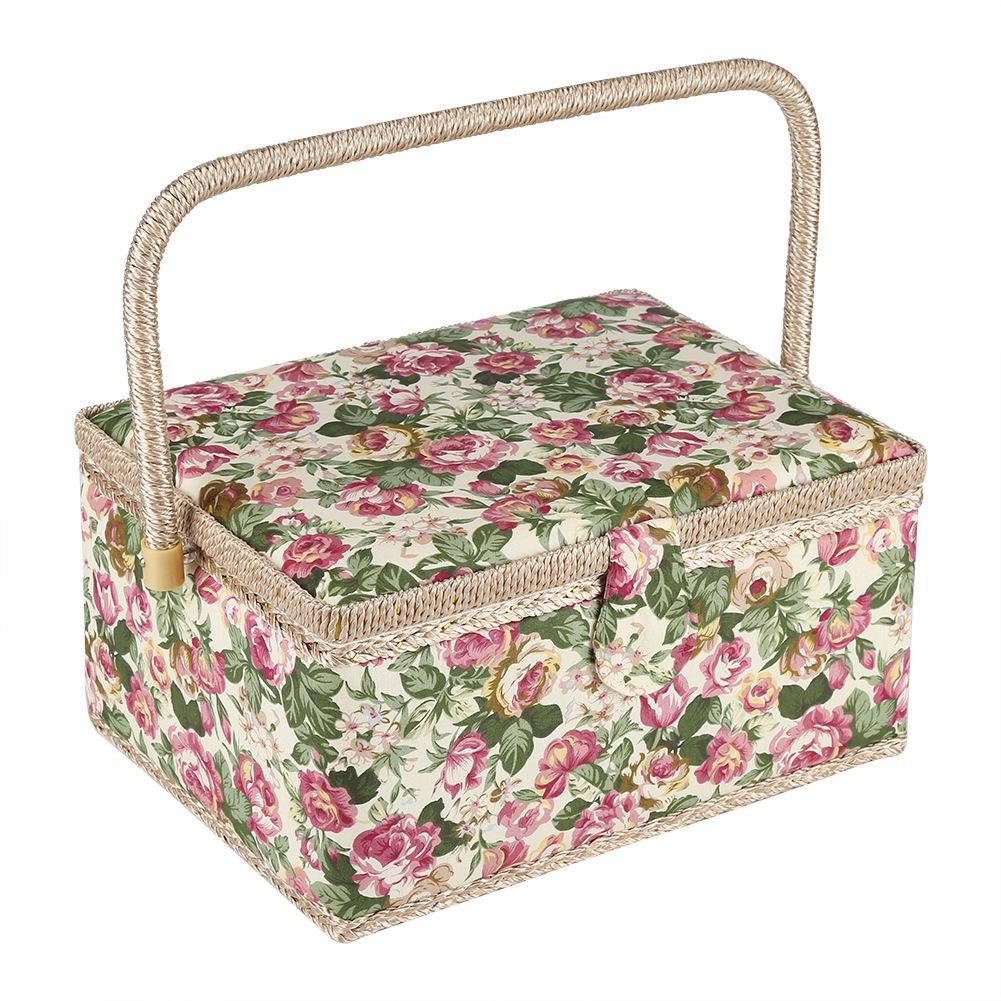 Fabric Floral Printed Sewing Basket Craft Box Household Sundry Storage Organizer with Handle