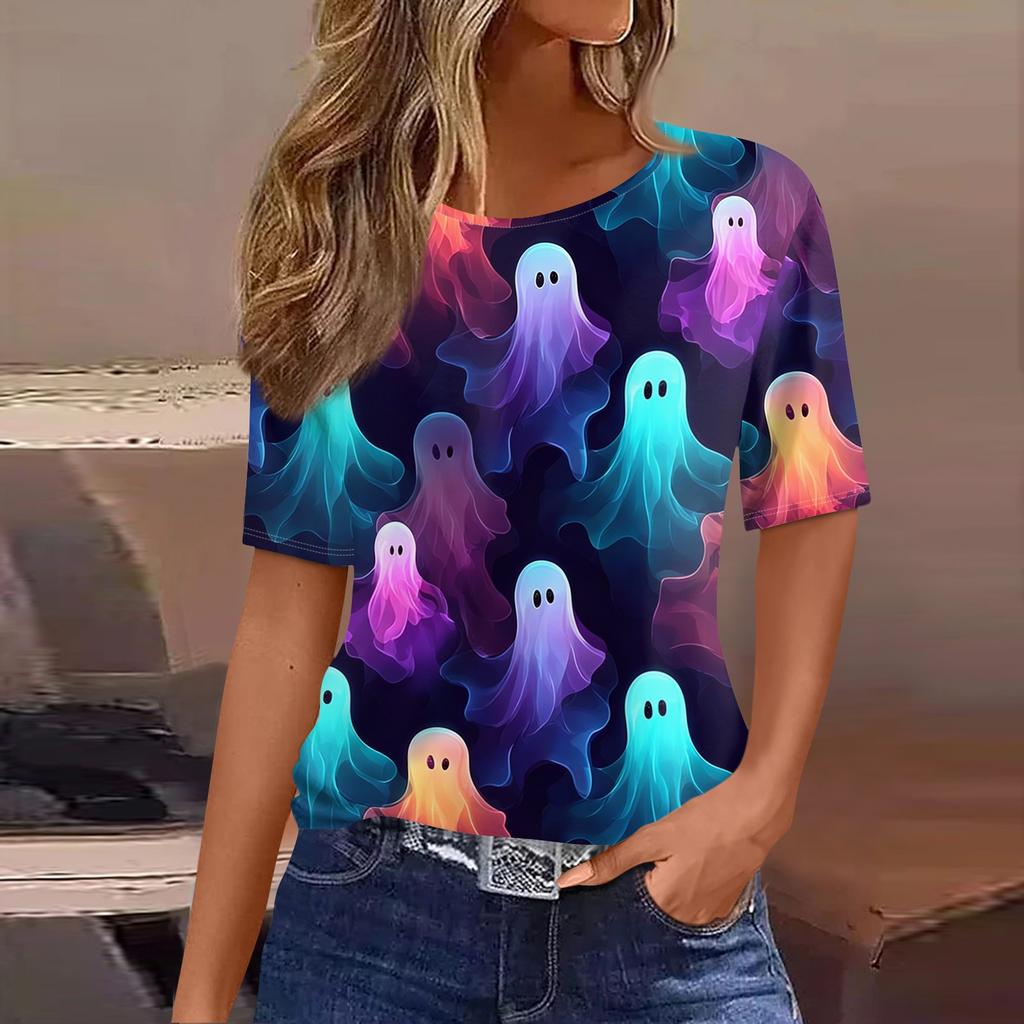 Women's Casual Short Sleeve Pullover Top Halloween Print Bat Pumpkin Ghost Spider Web Round Neck Shirt