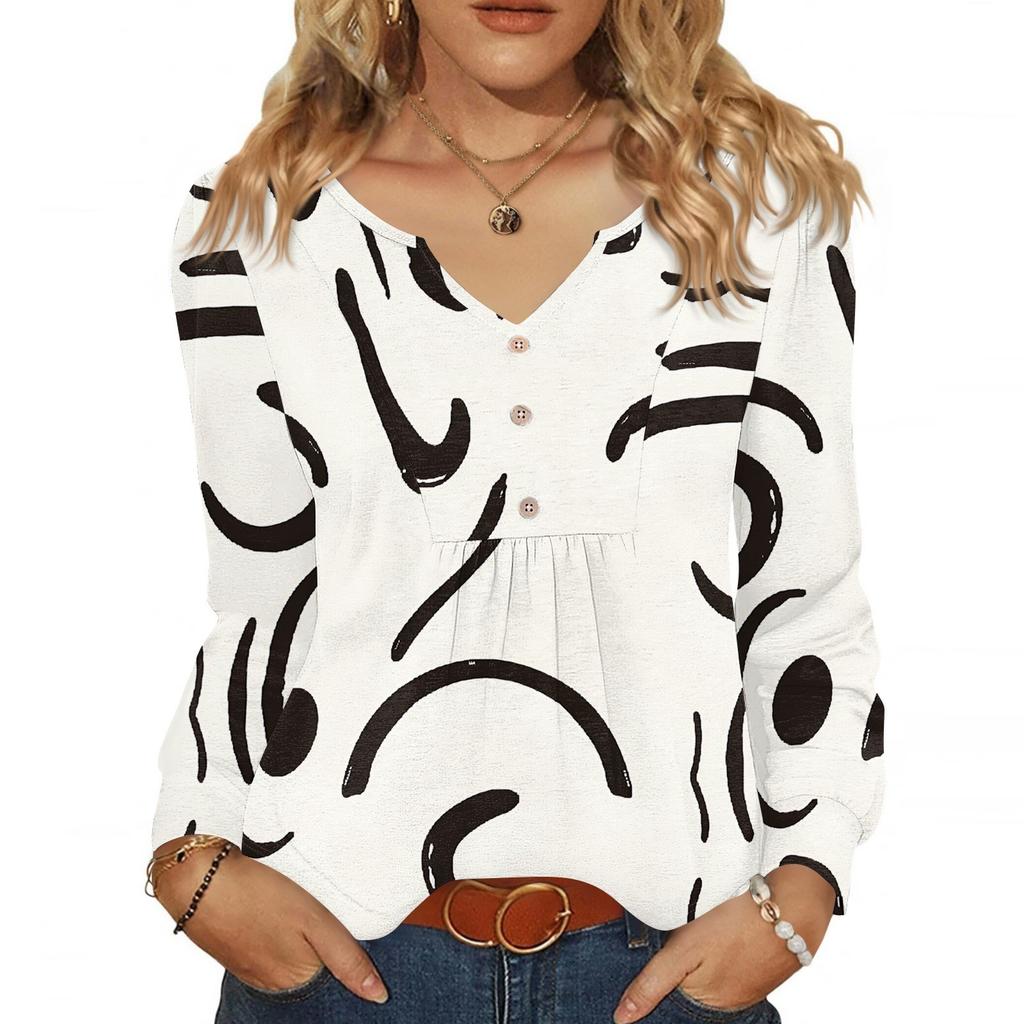 Women's Fashionable Casual V-neck Blouse Button Long-sleeved Pullover T-shirt Top
