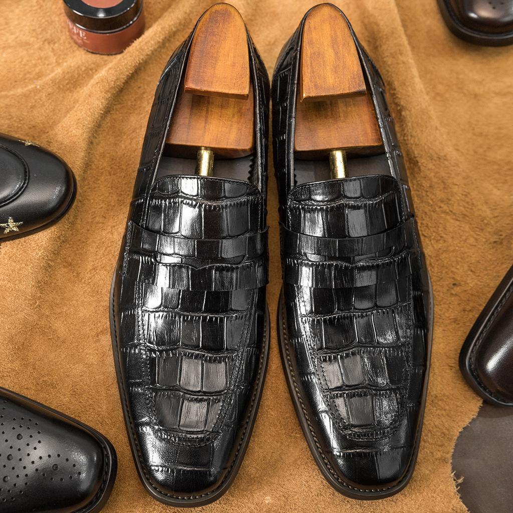 Square head leather shoes men's business casual cowhide men's shoes crocodile pattern
