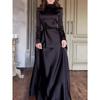 Spring Summer New European American Solid Color Long Sleeve Slim Lace Trim Retro Elegant Party Dress Gown