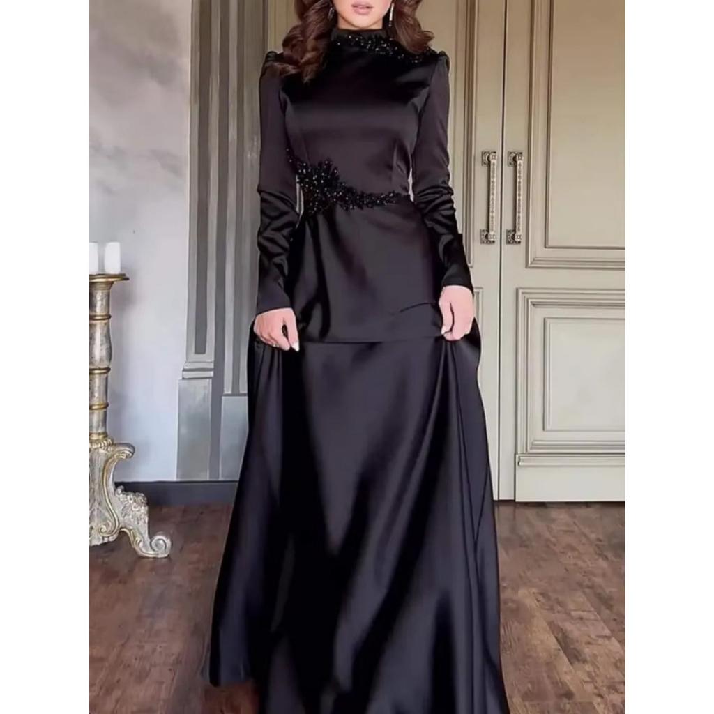 Spring Summer New European American Solid Color Long Sleeve Slim Lace Trim Retro Elegant Party Dress Gown