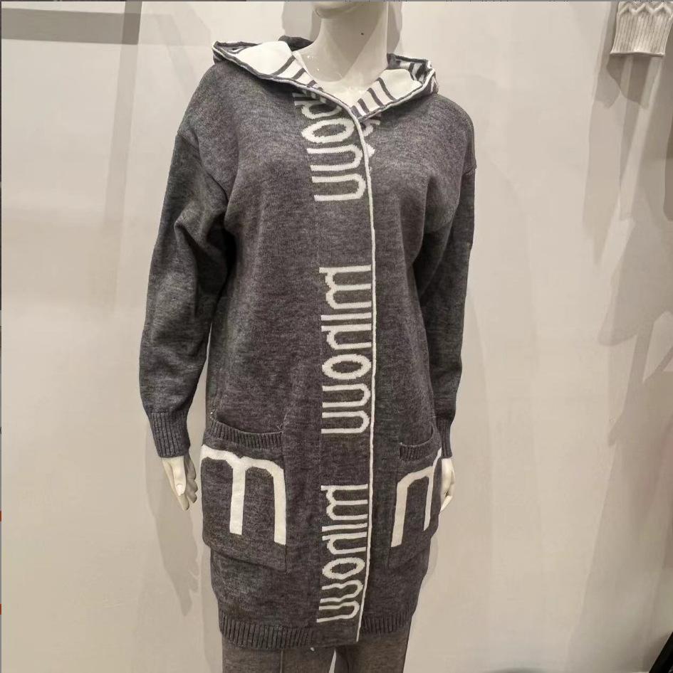 Winter Mid Length Letter Knitted Cardigan With Long Sleeves And Loose Pockets, Knitted Sweater