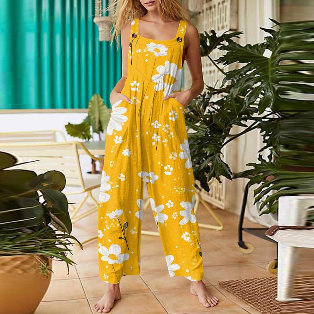 Womens Casual Overalls Jumpsuits Adjustable Straps Sleeveless Bohemian Comfy Rompers With Pocket