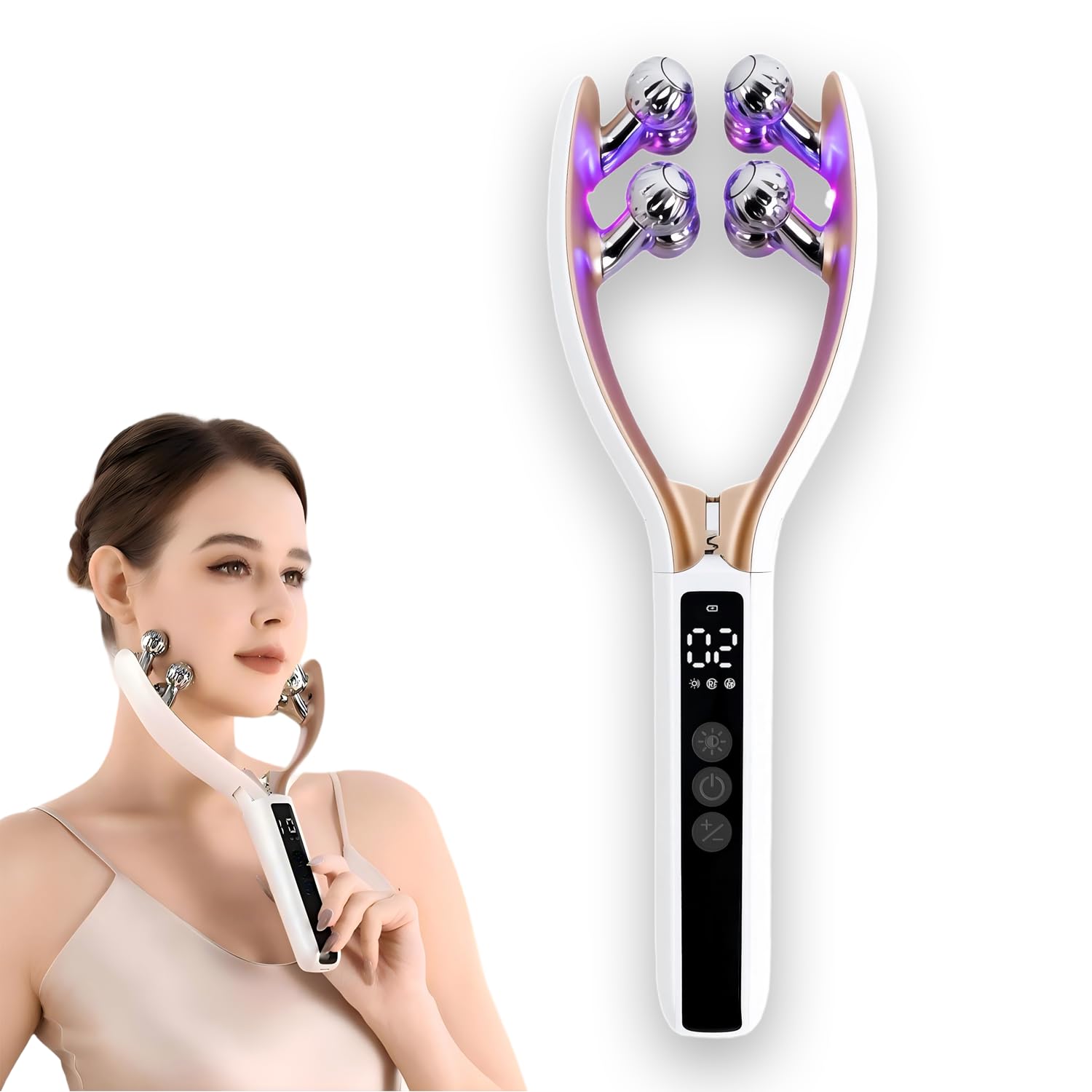 EMS Facial Massager Roller Facial Body Massager with LED Light Vibration Symmetrical Facial Muscle Lifting USB Rechargeable LCD Japanese Instruction белый