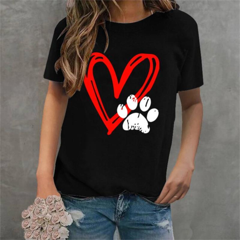 Polyester 100% New Valentine's Day Heart-shaped Checkered Footprint Printed Short-sleeved T-shirt for Casual Women's Summer