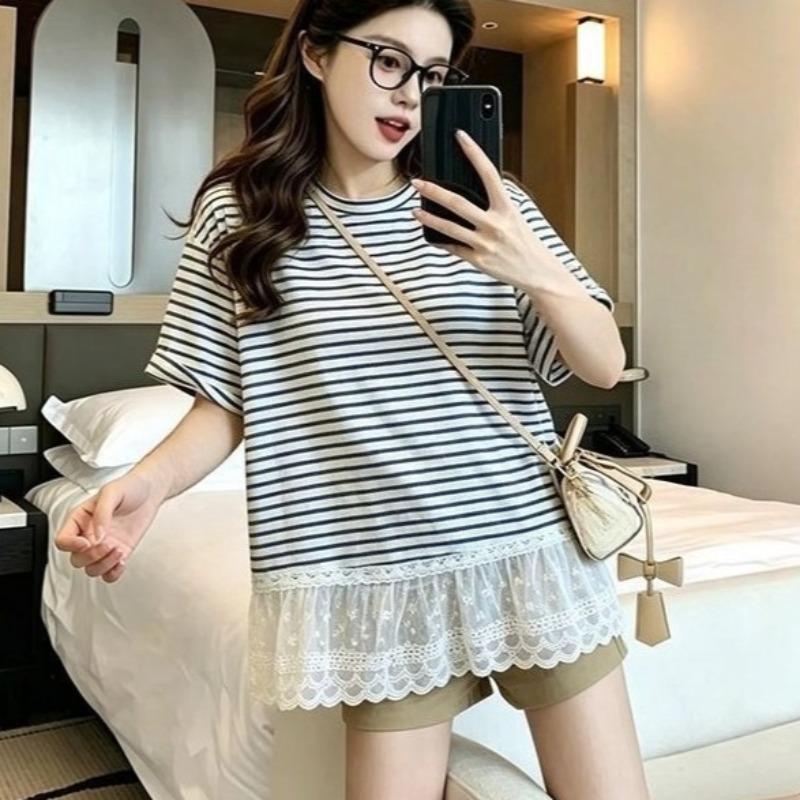 Women's Striped T-shirt Female Lace Round Neck Short Sleeved Blouse Summer New Korean Style Loose Versatile Lady Top