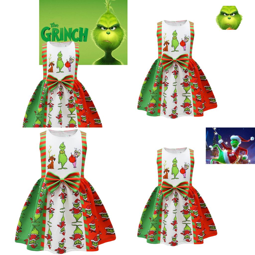 Grinch Halloween Sleeveless Dress For Kids Soft And Comfortable Polyester Material