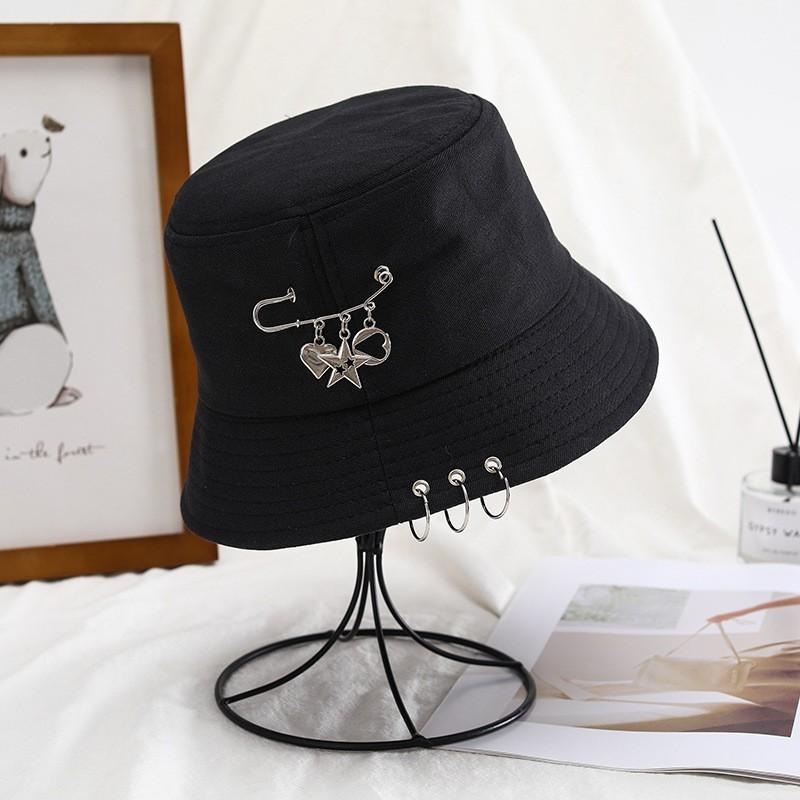 Bucket Hat Women Men Unisex Folding Fisherman Hat Black Metal Ring Flat Top Hip Hop Hats For Women Summer Solid Color Gorro New