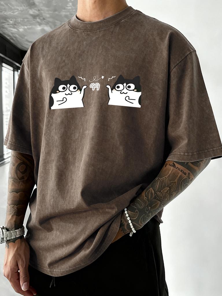Cute Cartoon Cats Print Men Washed TShirts Cotton Vacation T Shirt Loose Soft Short Sleeves Summer Crewneck Man Streetwear