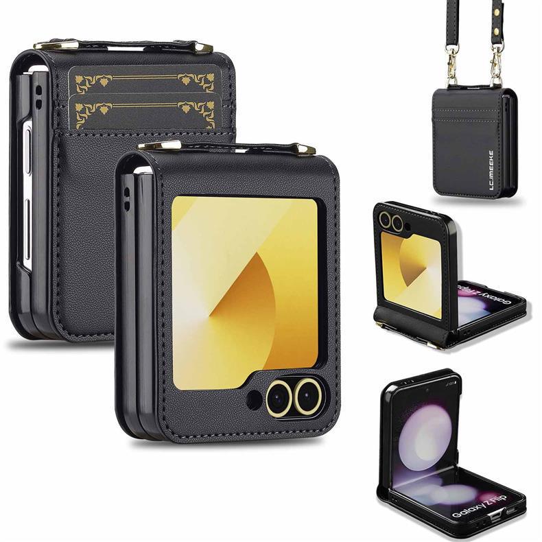 Compatible with Samsung Z Flip7/6 Leather Crossbody Strap Case, Z Flip5 Card Slot 3-Fold Cover.