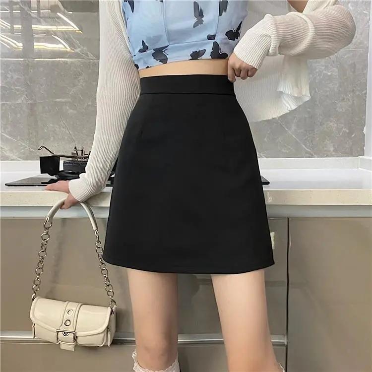 2025 Summer Black High-Waist A-Line Skirt - Anti-Exposure, Slim Fit, Versatile, Plus Size