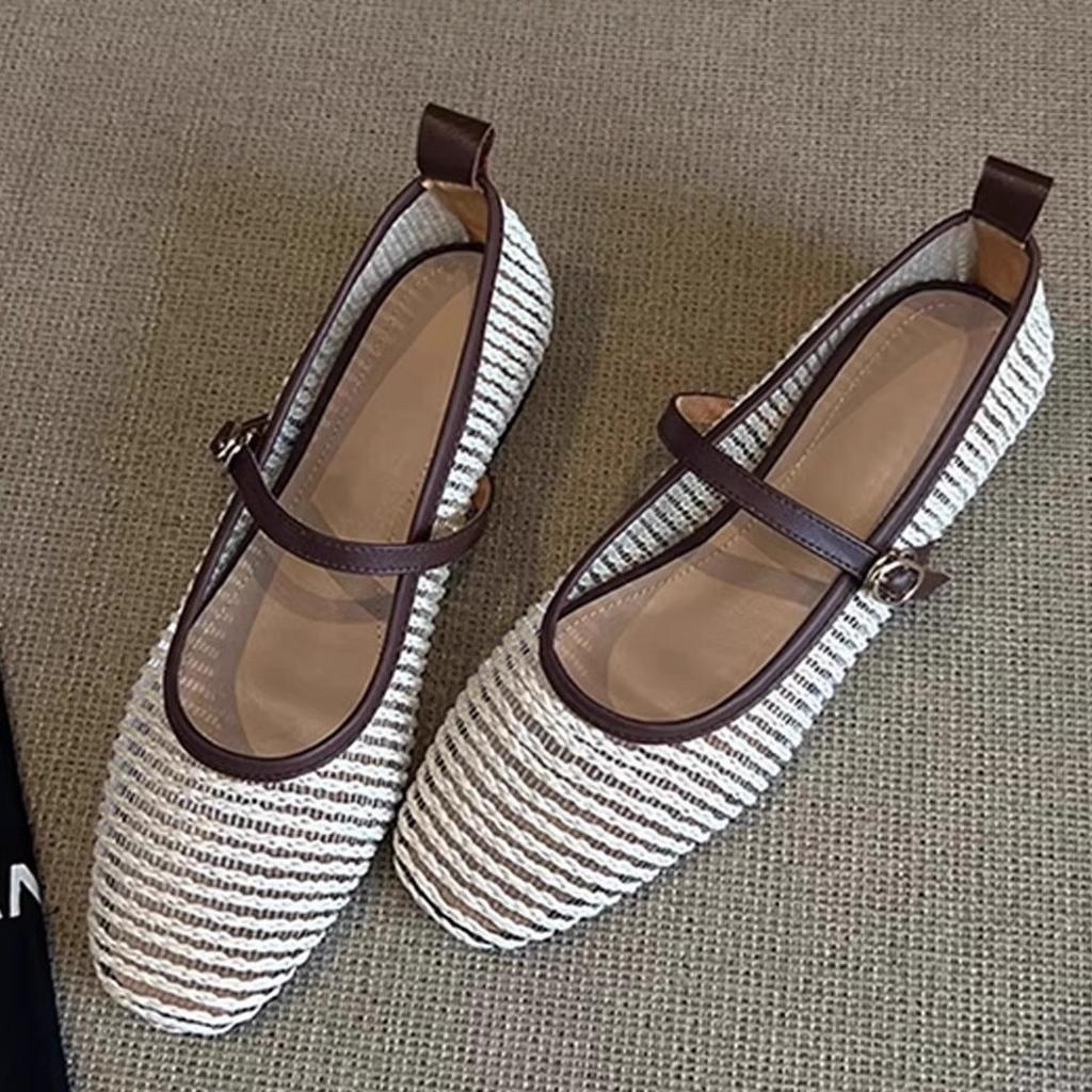 Soft leather French cool single shoes women's flat-soled summer hollow hole shoes shallow mouth evening ballet shoes breathable Mary Jane shoes