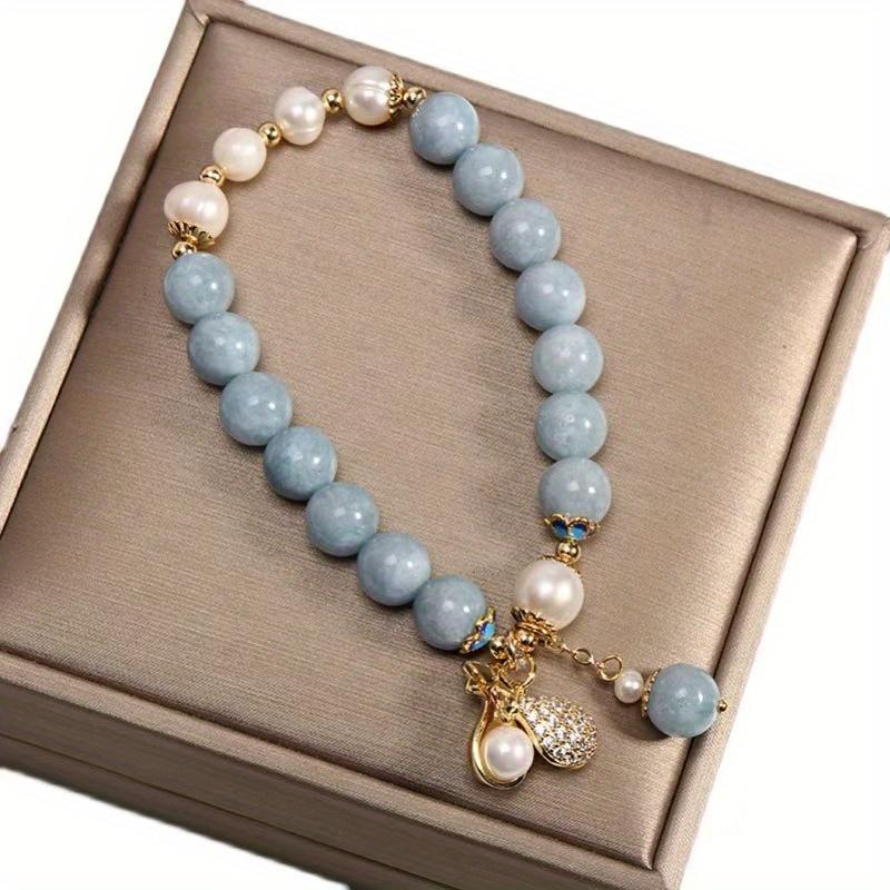 Natural Aquamarine Bracelet, a Stylish And Elegant Design for Women, Featuring a Unique Chinese-Style Accessory with a Bag Charm