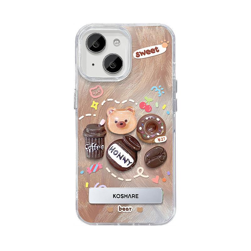 Suitable for Apple 15 Mobile Phone Case Summer Iphone 14pm Coffee Bear Doll Invisible Bracket 13 Feather Yarn