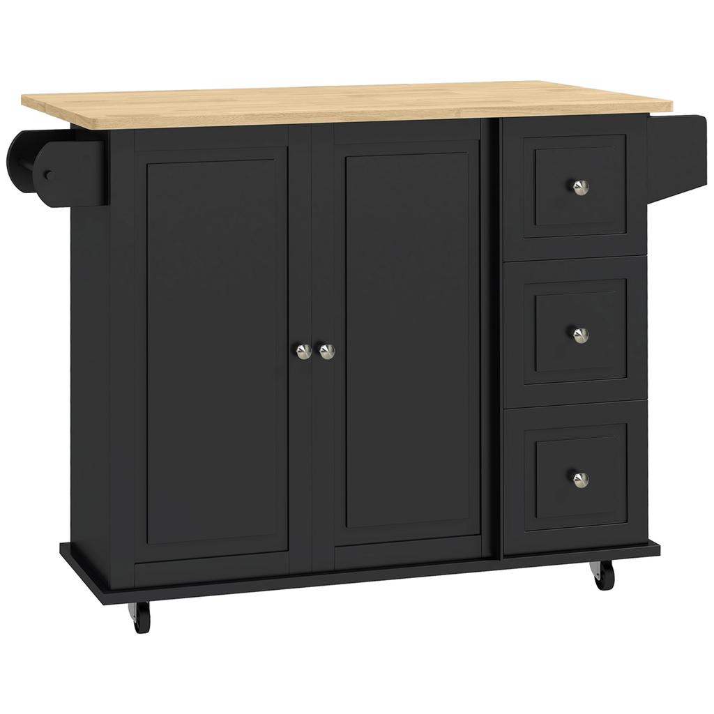 Kitchen Island with Drop Leaf, Rolling Kitchen Storage Trolley on Wheels with 3 Drawers, Black