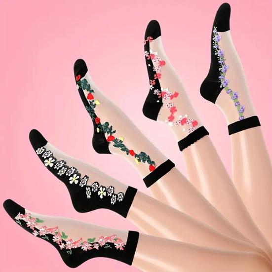 5 Pairs Women's Floral Print Sheer Socks Summer Thin Transparent Mesh Ankle Socks Casual Breathable Crew Socks