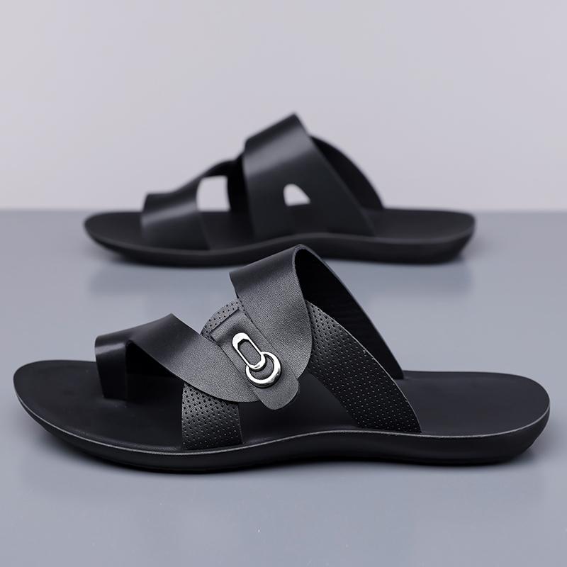 Men Black Leather Slippers Simple Flats Summer White Outdoor Brown Open Toe Wide Head Beach Shoes Plus Size