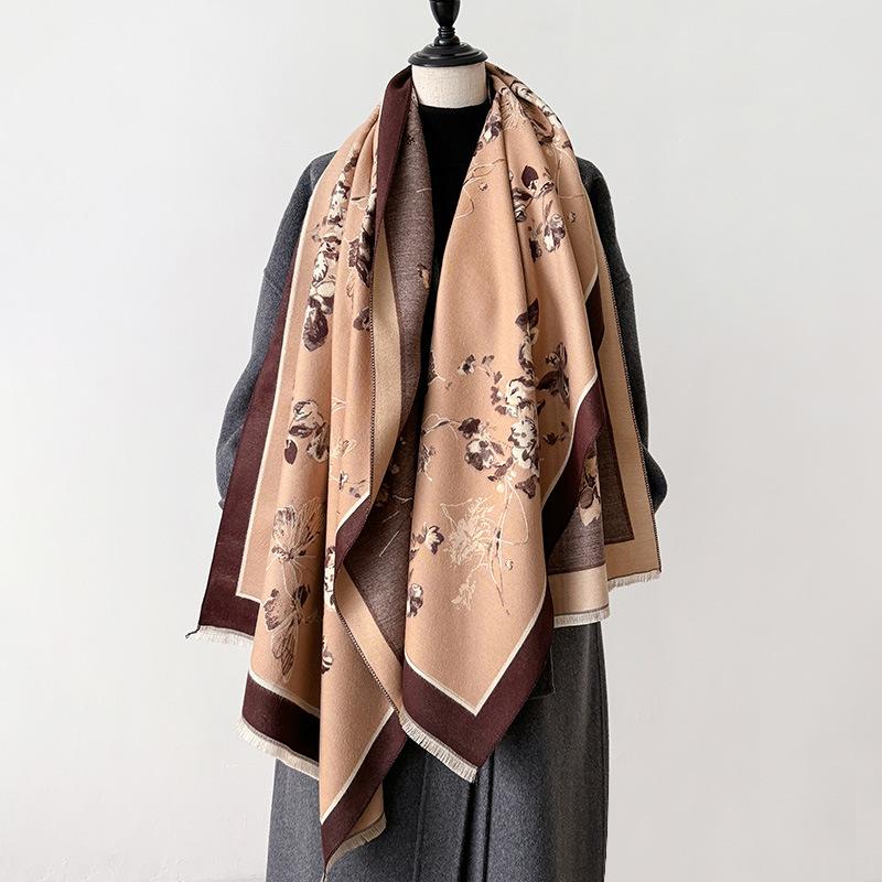Korean Version Of Butterfly Love Flower Imitation Cashmere Thickened Winter Warm Scarf Fashion Shawl Double-Sided Printed Scarf